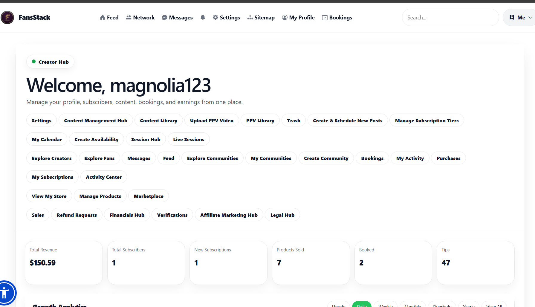 FansStack Creator Hub dashboard